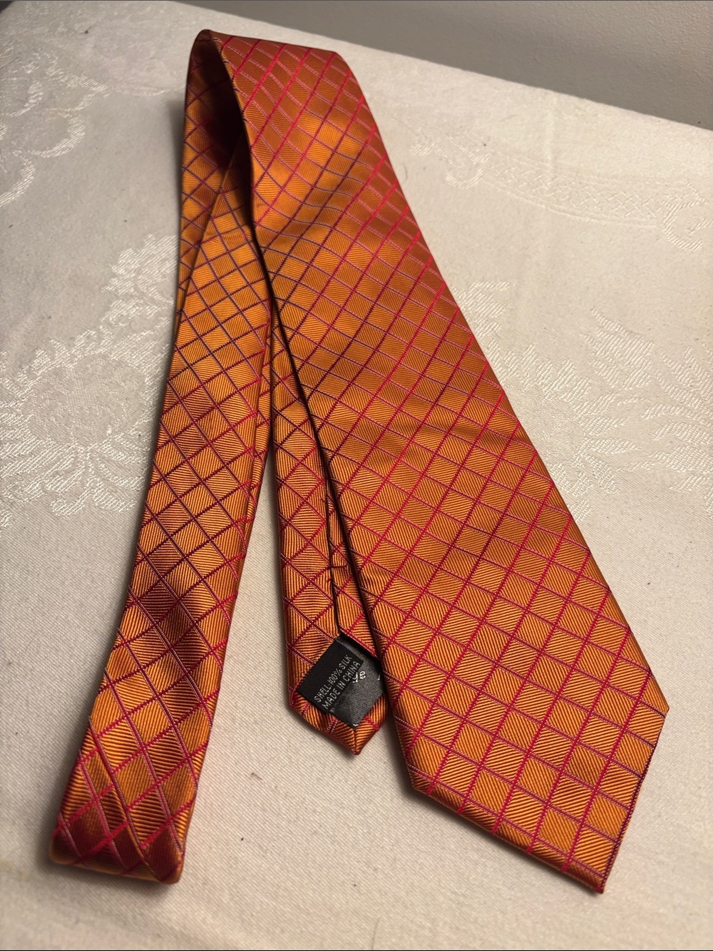 Men's Orange Plaid Silk Tie with Pink Grid